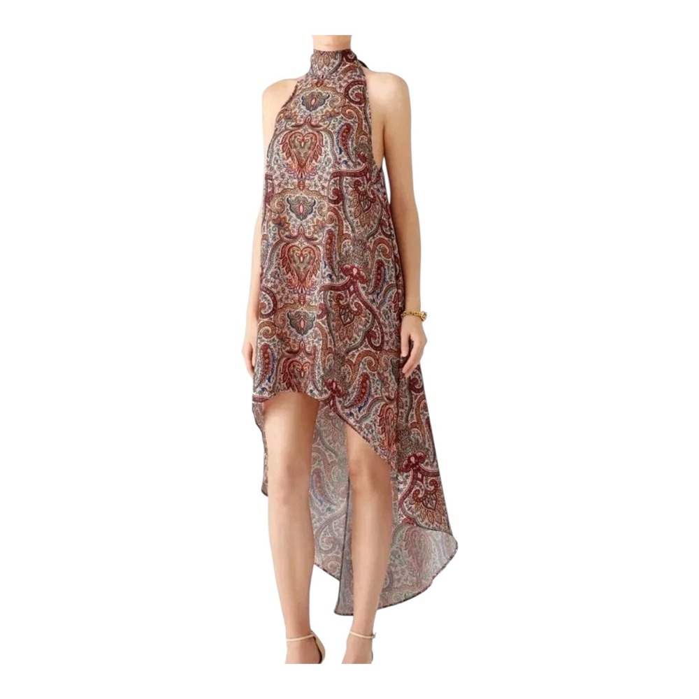 Finders Paisley High Neck Halter High-Low Dress‎ with Fringe Tassels Red Blue M